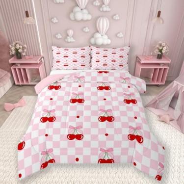 Imagem de Conjunto de edredom infantil com laço rosa, tamanho Queen, gravata borboleta de cerejeira, princesa romântica, decoração de quarto de meninas e mulheres, edredom geométrico, xadrez, patchwork,