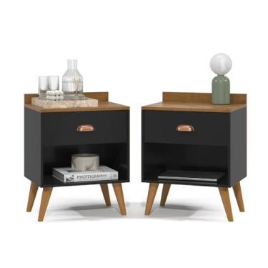 Imagem de Kit 2 Mesa de Cabeceira Quarto Mesinha Apoio Lateral Cama Box Casal Estilo Decoração Retrô Pérola 1 Gaveta Preto/Freijó