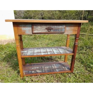 Imagem de Aparador Rústico em Madeira de Demolição, 90x35x80 cm, 1 Gaveta, 2 Prateleiras, Acabamento Vintage