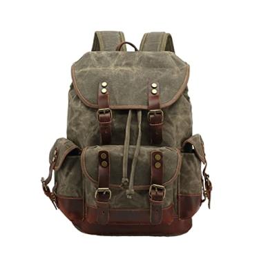 Imagem de Mochilas de lona masculina de couro vintage mochila escolar masculina de qualidade mochila para laptop masculina(Army Green)