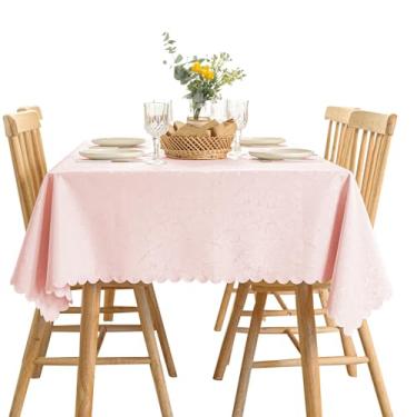 Imagem de Qubjus Toalha de mesa retangular jacquard de alta peso, à prova d'água, à prova de óleo, com capa de mesa de renda, para mesa de jantar, 152 x 300 cm, rosa