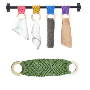 Imagem de 2 peças anel de suporte de toalha de macramê | Clipes de toalha de cozinha para alça de forno | Suporte de toalha de crochê | Anéis de suporte de toalha de crochê para pendurar toalhas de cozinha