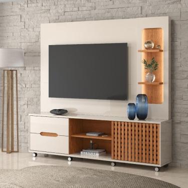 Imagem de Estante Home para TV até 70 Polegadas 1 Porta Correr 2 Gavetas e Rodízio Brise Off White/Jequitibá - Lukaliam