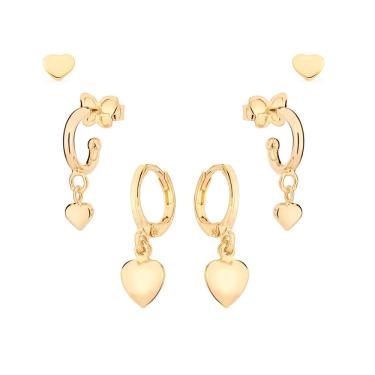 Imagem de Kit Rommanel Banhado Ouro 18k 3 Brincos Argolas E Coração 527146-527060-522928