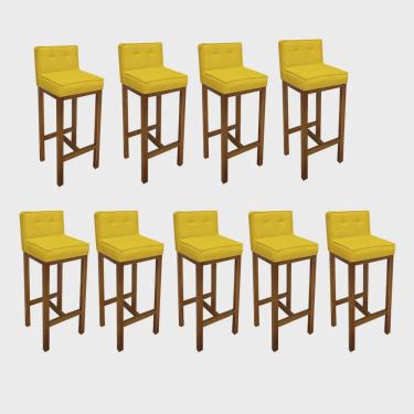 Imagem de Kit 09 Banqueta Alta Com Encosto Alba Cozinha Balcão Bistrô Base Madeira Castanho Suede Amarelo - Ahz Móveis