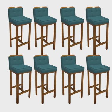 Imagem de Kit 08 Banqueta Alta Com Encosto Agnes Cozinha Balcão Bistrô Base Madeira Castanho Suede Azul Turquesa - Ahz Móveis