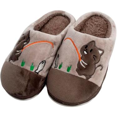 Imagem de Pantufas Chinelo Gatinho Pelúcia Sapato De Inverno Infantil Marrom - 28-29