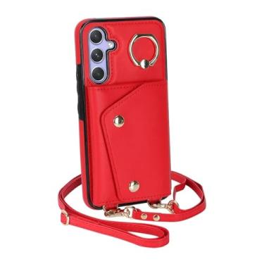Imagem de HJZSZX Para Samsung S23 FE Crossbody Ring Couro Zip Wallet Phone Case Lanyard Flip Cover Bag (Para Samsung S23 FE/Vermelho)