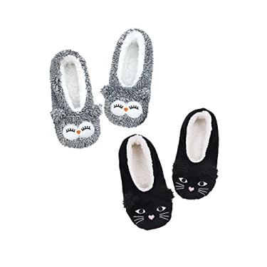 Imagem de DICUIRD Pantufas femininas de cano baixo, confortáveis e quentes, antiderrapantes para quarto, coruja e gato preto, 8-10