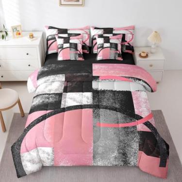 Imagem de Feelyou Conjunto de cama em uma bolsa, rosa, cinza e preto, círculo, geométrico, rústico, retangular, 7 peças, conjunto de cama em um saco, 7 peças, arte abstrata, conjunto de edredom com lençol casal