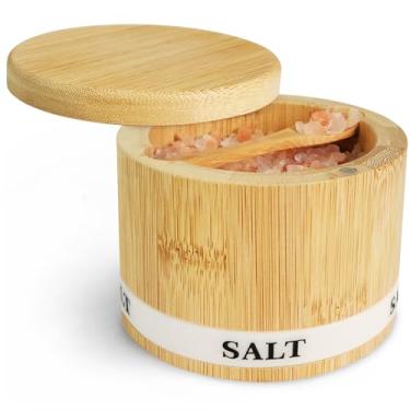 Imagem de Thougrlyh Caixa de sal de bambu, caixa de sal com tampa giratória magnética, adega de sal com tampa para armazenar sal, ervas, especiarias e pequenos itens, caixa de especiarias, tigelas de sal com luminosidade (caixa de sal e colher)