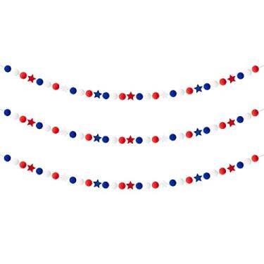 Imagem de WATINC Guirlanda de pompons de feltro para o Dia da Independência com ornamento de feltro de estrela, tema vermelho, azul, branco, pendurado, 4 de julho, artigos de festa, adereços para fotos de interiores para decoração de festas patrióticas dos EUA