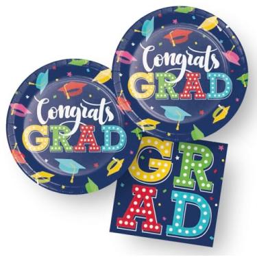 Imagem de Conjunto de pratos e guardanapos de papel para festa de formatura, azul marinho, 16 pratos de 23 cm e guardanapos de 16,5 cm, design colorido GRAD