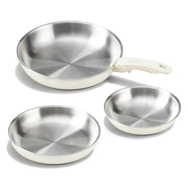 Imagem de KITEXPERT Conjunto De Panelas Aço Inoxidável – Frigideira Tripla 8", 10", 12" Com Alças Removíveis Sem Pfoa, Exterior Cerâmica Branca Cremosa, Lavável Na Máquina Lavar Louça E No Forno, Compatível T