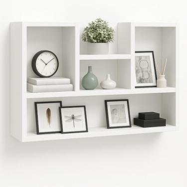 Imagem de Prateleira de Parede Flutuante Branca 6 Compartimentos 70x90x15cm Decorativa para Sala, Escritório, Porta-Retratos e Objetos