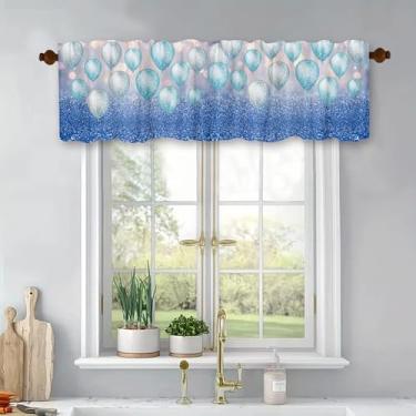 Imagem de Cortinas de cozinha com balões de tratamento de janelas com glitter, cortinas blecaute azul, painel superior com bolso para varão para banheiro, quarto, sala de estar, 137 x 45 cm