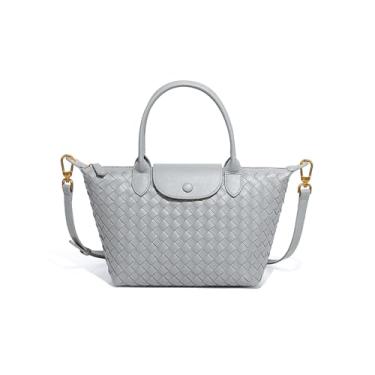 Imagem de Waiyqju Bolsa tiracolo feminina de couro trançada de luxo com alça superior elegante para viagem de grande capacidade, Tamanho médio nº 7 cinza claro, Large