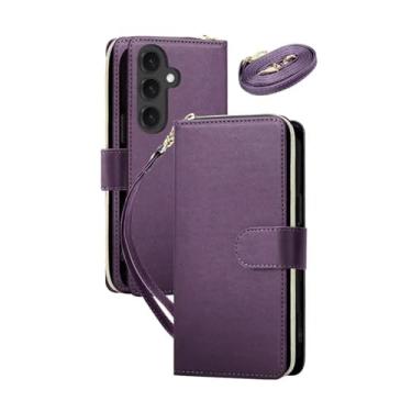Imagem de HJZSZX Para Samsung A23 (4G 5G) Couro Zíper Carteira Cartão Telefone Capa Crossbody Cordão Flip Cover (Para Samsung A23 (4G 5G)/Roxo Escuro)