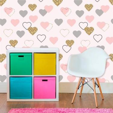 Imagem de Papel de Parede Teen Corações em tons de Rosa, Cinza e Dourado - Inove