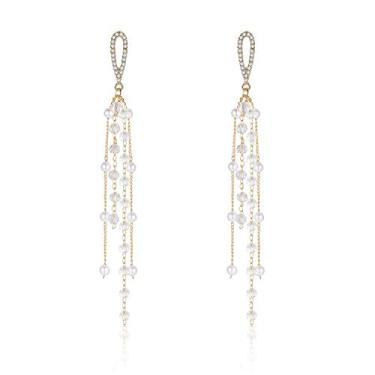 Imagem de Kruckel Brinco de cachoeira – Joias femininas pendentes inspiradas na primavera, brincos dourados com gotas longas de pérolas brilhantes transparentes, acessório de design de moda fácil de usar