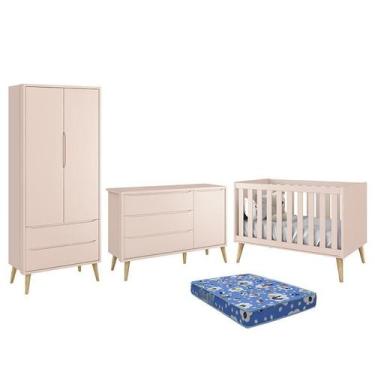 Imagem de Dormitório Theo Retrô 2 Portas, Cômoda 1 Porta, Berço Rosa Fosco com P
