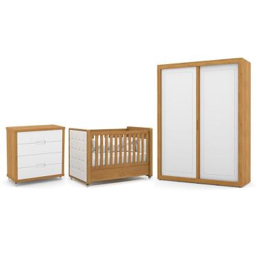 Imagem de Dormitório Tutto New 2 Portas, Cômoda 4 Gavetas e Berço com Capitonê - Matic Móveis Freijó/Branco Soft