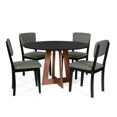 Imagem de Mesa De Jantar Redonda Montreal Pret/nor Com 4 Cadeiras Estofadas Ella Preto/cinza