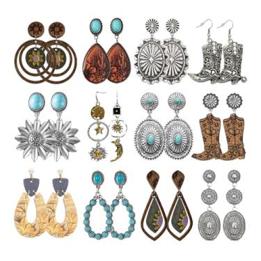 Imagem de 12 pares de brincos vintage geométricos de gota de cristal drusa estilo étnico joias boho vintage conjunto de joias de gota d'água para mulheres, Small, Zircão, Sem Pedra Preciosa