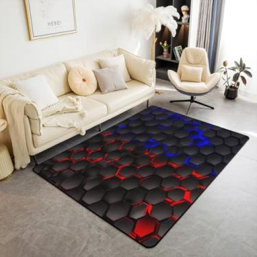 Imagem de jejeloiu Tapete de área para ambientes internos em favo de mel para meninos e meninas 3x5 hexagonais para sala de estar para crianças mulheres homens ombré azul vermelho destaque tapete geométrico