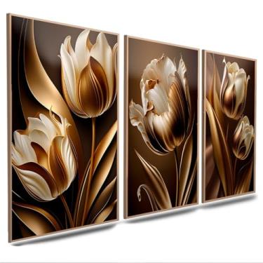 Imagem de Quadros Decorativos Flor Tulipa Dourada e Branca 3 Peças Mosaico Sala Quarto Escritório (07, Tamanho 20x30 Centímetros)