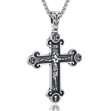 Imagem de LILILEIDY Colar de cruz ortodoxa para homens e mulheres - Pingente vintage de crucifixo bizantino, joia cristã religiosa de aço inoxidável, Aço inoxidável de alta qualidade, hipoalergênico, sem níquel