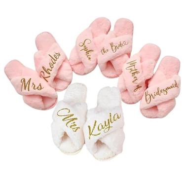 Imagem de Chinelos de noiva com nome personalizado para o dia do casamento, chinelos brancos felpudos para despedida de solteira, chá de panela, presentes personalizados