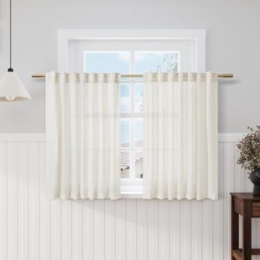 Imagem de Cortinas de linho Cream Kitchen Cafe 129 cm de comprimento, conjunto de 2 painéis, bolso traseiro, semitransparente, filtro de luz, cortina curta natural Farmhosue, cortinas pequenas para janela de