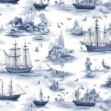 Imagem de Livelynine Papel de parede náutico azul 44,5 x 701 cm Papel de parede mural de praia oceano arte de parede papel de contato higiênico decorativo amigável para locatário azul claro e branco papel de