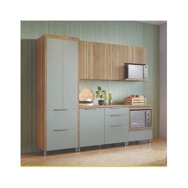 Imagem de Cozinha Completa em MDF Nesher Paris Ripada com 260 cm de Largura, 6 Portas, 6 Gavetas e 10 Prateleiras - Verde/Nature