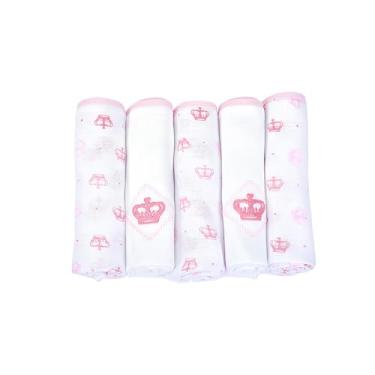 Imagem de Kit 5 Fraldas de Ombro para Bebê Minasrey Reininho Classic 70x68cm - Tecido Duplo 100% Algodão, Bordadas e Estampadas com Coroas, Unissex (Coroa Rosa)