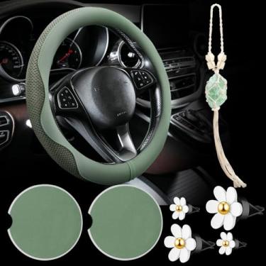 Imagem de BBTO Conjunto de 4 acessórios de carro, capa de volante, porta-copos de cerâmica, aromatizador de ar com clipe de margarida, ornamento de pendurar de cristal para mulheres (verde sálvia)