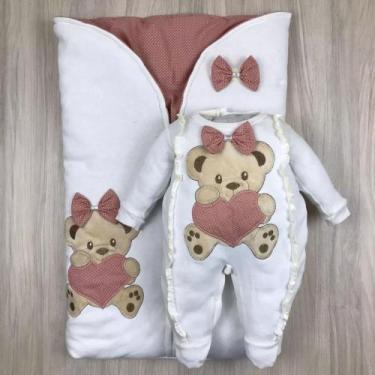 Imagem de Saída maternidade bebê menina com saco de dormir bodado ursa coração m