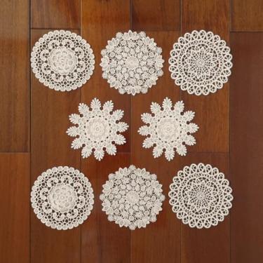 Imagem de 8 peças de toalhas de renda de 15 cm para mesas de crochê, porta-copos vintage de renda de algodão feito à mão, jogo americano redondo, decoração de mesa rústica para cozinha, sala de jantar, copo de