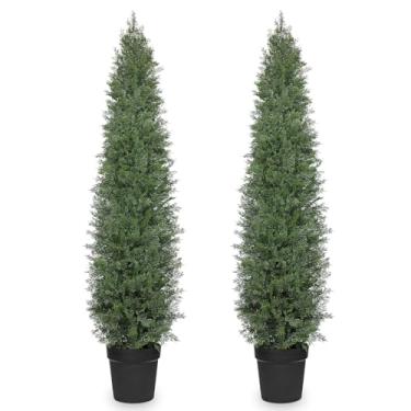 Imagem de Briful Conjunto de 2 árvores artificiais de cedro – ciprestes falsos de 1,8 m de altura em vasos com troncos destacáveis, folhas verdes realistas, árvores topiárias resistentes a UV para ambientes