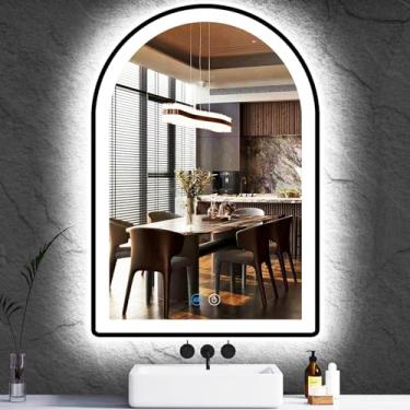 Imagem de MEIOUKA Espelho De Arco Led Preto 20 X 28" Com Moldura Luzes, Penteadeira Arqueada Para Banheiro, Mesa Maquiagem Parede, Emoldurada, Iluminada, 3 Cores, Antiembaçante, Iluminação Inteligente
