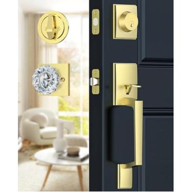 Imagem de Conjunto de maçaneta e fechadura dourada, conjunto de fechadura frontal com maçaneta de vidro cristal, conjunto de fechadura externa com cilindro único, reversível para direita e esquerda, dourado