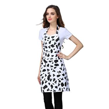 Imagem de Avental de cozinha com bolsos pretos e branco estampado de vaca com estampa de vaca Avental de cozinha, branco