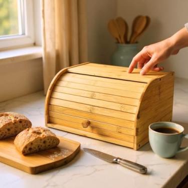 Imagem de Porta Pão Bambu Com Tampa Retrátil Armazenamento Pães 30cm
