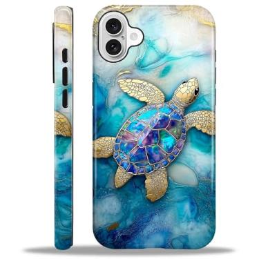 Imagem de Yuning419 Capa compatível com iPhone 16, capa de proteção rígida híbrida de 2 camadas, capa protetora resistente à prova de choque para iPhone 16, tartaruga de concha de arco-íris de mármore