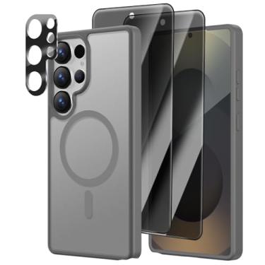 Imagem de [4 em 1] Capa magnética para Samsung Galaxy S25 Ultra, 2 películas protetoras de tela de privacidade e 1 protetor de câmera fotográfica, adequado para MagSafe, capa fosca translúcida à prova de choque
