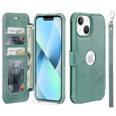 Imagem de VANAVAGY Capa Tipo Carteira Compatível Com Iphone 13 Mini, Feminina E Masculina, De Couro Flip Rfid Suporte Para Pulso, Porta-Cartões Carregamento Sem Fio, Protetor Tela Vidro, Verde Floresta