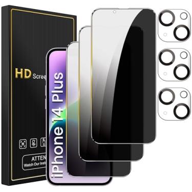 Imagem de Romkasi Pacote com 3 protetores de tela de privacidade para iPhone 14 Plus de 6,7 polegadas com 3 protetores de lente de câmera, película de vidro temperado antiespião, antiarranhões, sensível ao