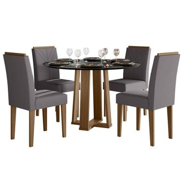 Imagem de Mesa de jantar 120cm Isabela com Vidro Imbuia Preto e 4 Cadeiras Amanda Imbuia Veludo Cinza Escuro - New Ceval