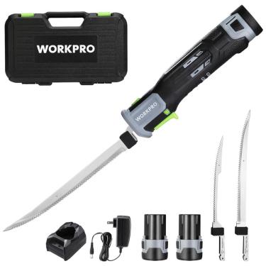 Imagem de Faca Elétrica Sem Fio WORKPRO 12V para Filé de Peixes com Lâminas de 8 e 10 Polegadas, Cabo com Empunhadura Antiderrapante e Trava de
